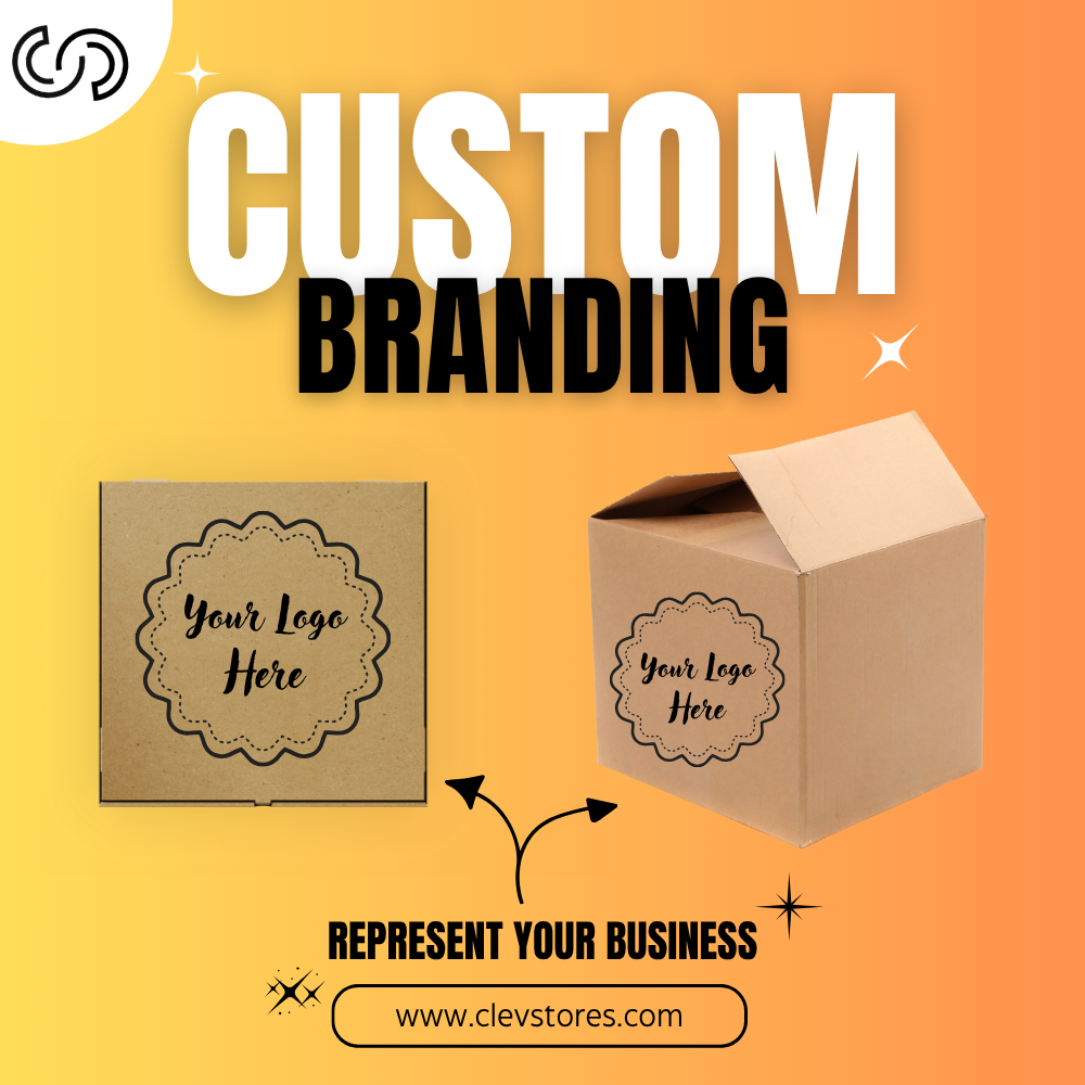 Custom branding service advertisement with cardboard boxes and 'Your Logo Here' text on a gradient background.